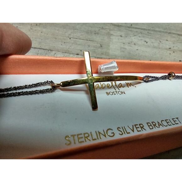 Isabella M Boston Sterling Silver Goldtone Sideways Curved Cross Bracelet in Box - Picture 2 of 9